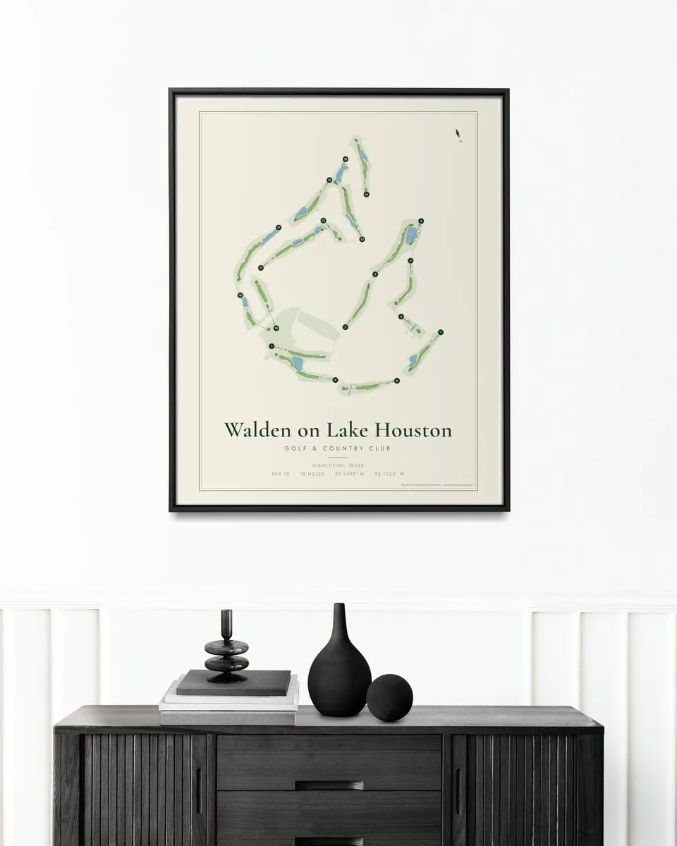 Walden on Lake Houston Golf & Country Club golf course map print framed on a wall