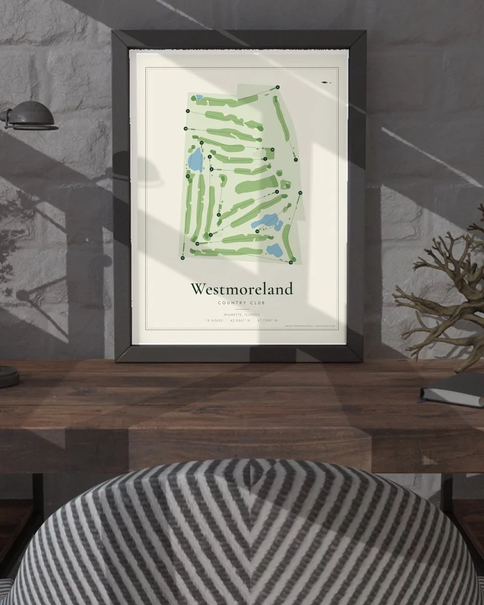 Westmoreland Country Club golf course map print framed on a wall