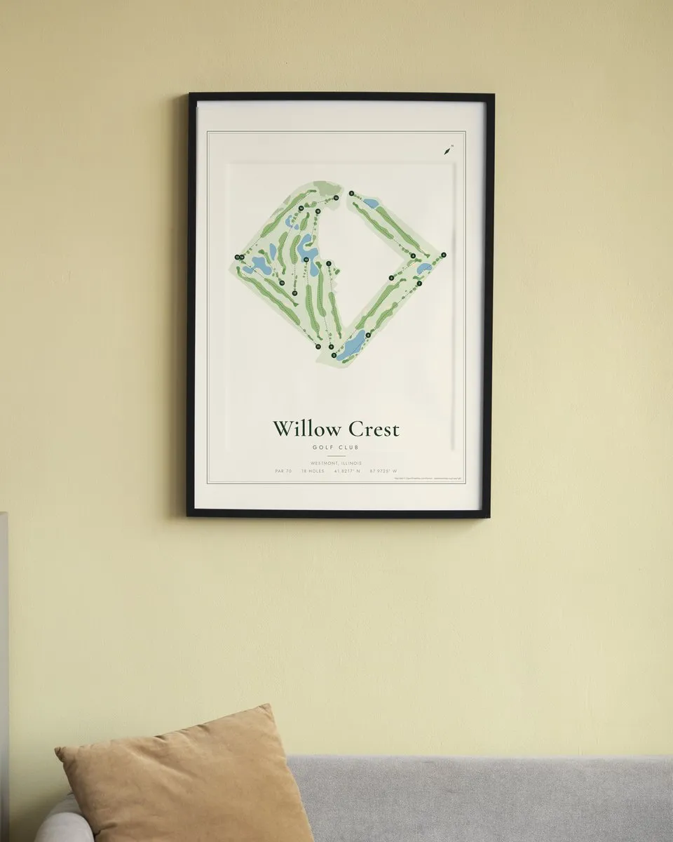 Willow Crest Golf Club golf course map print framed on a wall