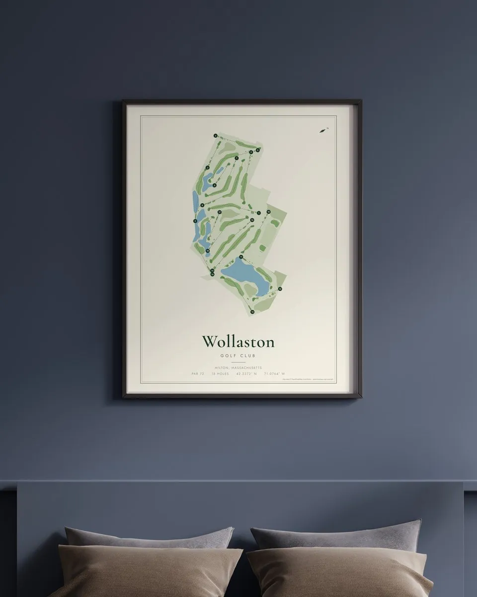 Wollaston Golf Club golf course map print framed on a wall