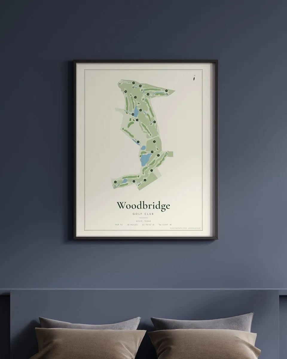 Woodbridge Golf Club golf course map print framed on a wall