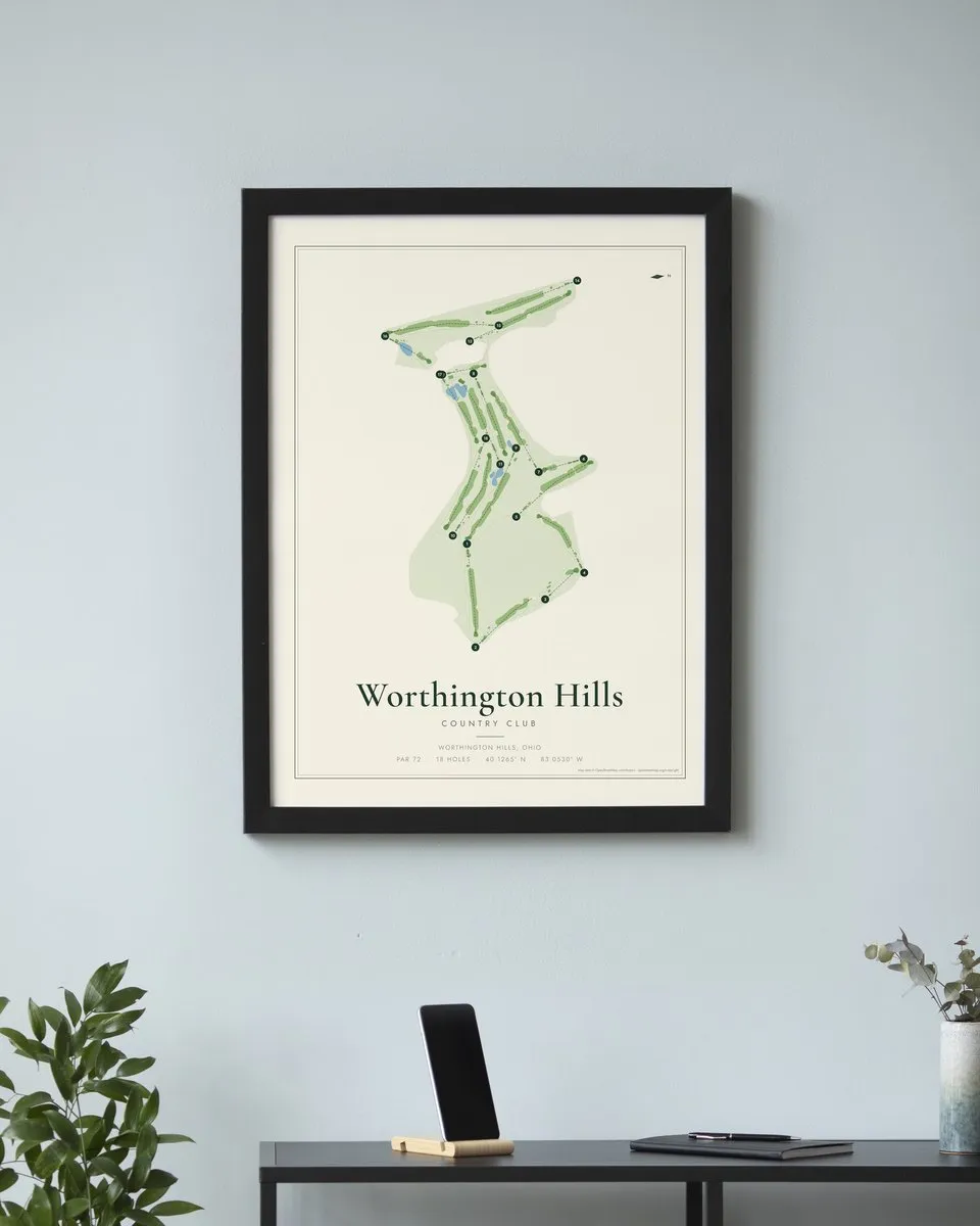 Worthington Hills Country Club golf course map print framed on a wall