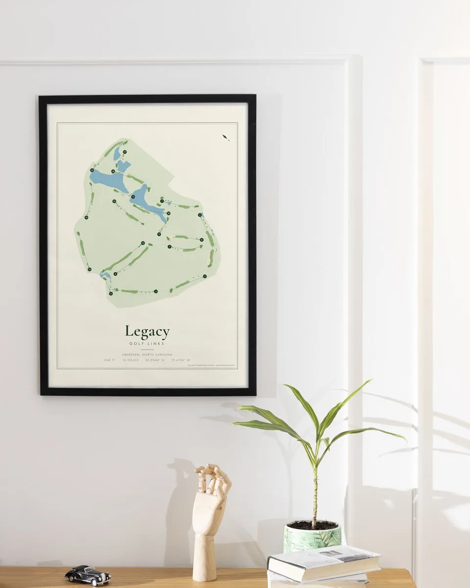 Golf course map print framed on a living room wall