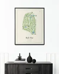 Bali Hai Golf Club map print, framed in a room