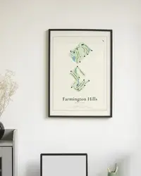 Farmington Hills Golf Club map print, framed in a room