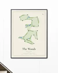 The Woods Golf Club map print, framed in a room