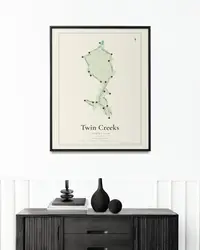 Twin Creeks Country Club map print, framed in a room