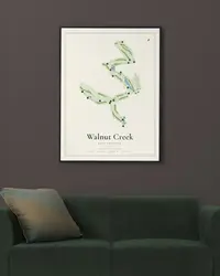 Walnut Creek Golf Preserve map print, framed in a room