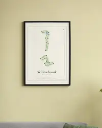 Willowbrook Golf Course map print, framed in a room